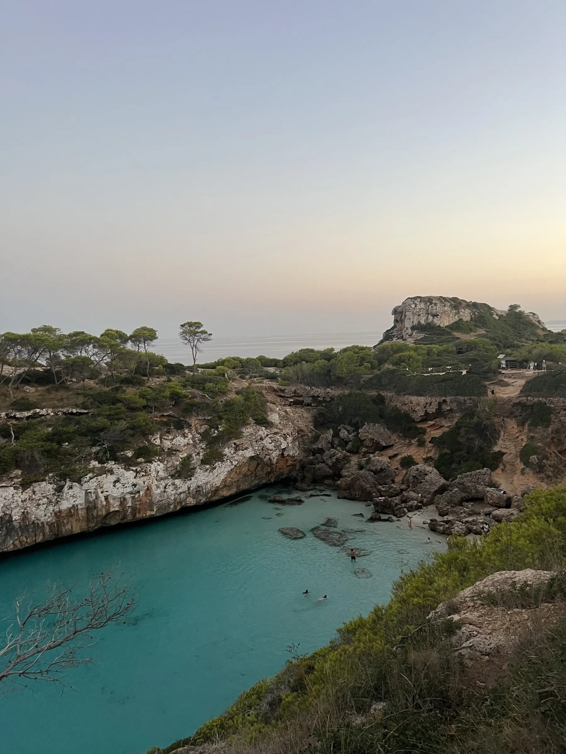La entrada de Cala s’Almunia vista desde el camino de arriba, con el agua turquesa sobre fondo de roca