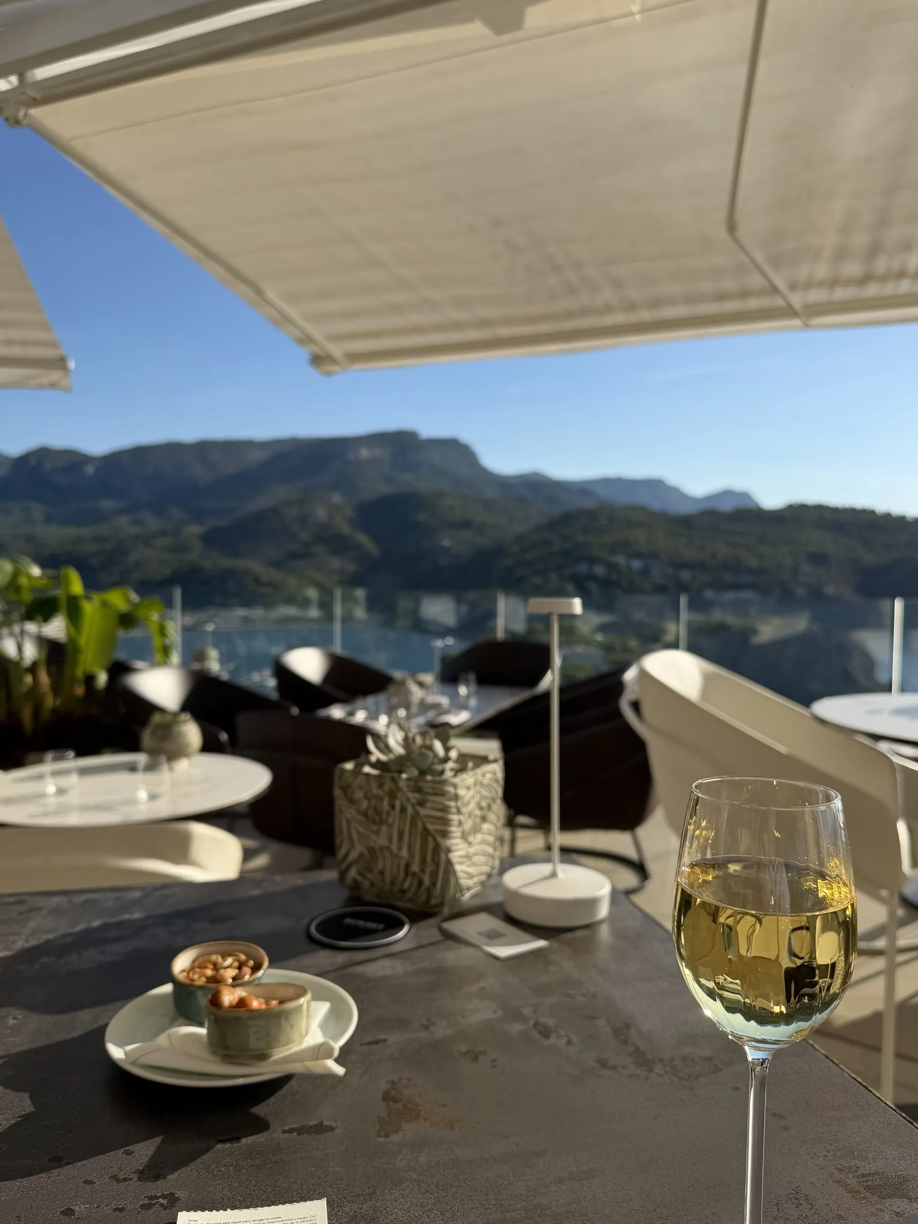 Una copa de vino blanco y un platito de frutos secos en una mesa de la terraza, con la bahía de Port de Sóller y la Tramuntana al fondo.